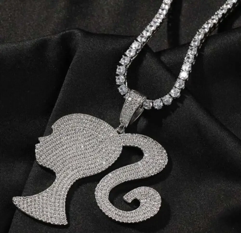 Barbie Necklace, Iced Out Doll Head Necklace , Barbie Tennis Necklace
